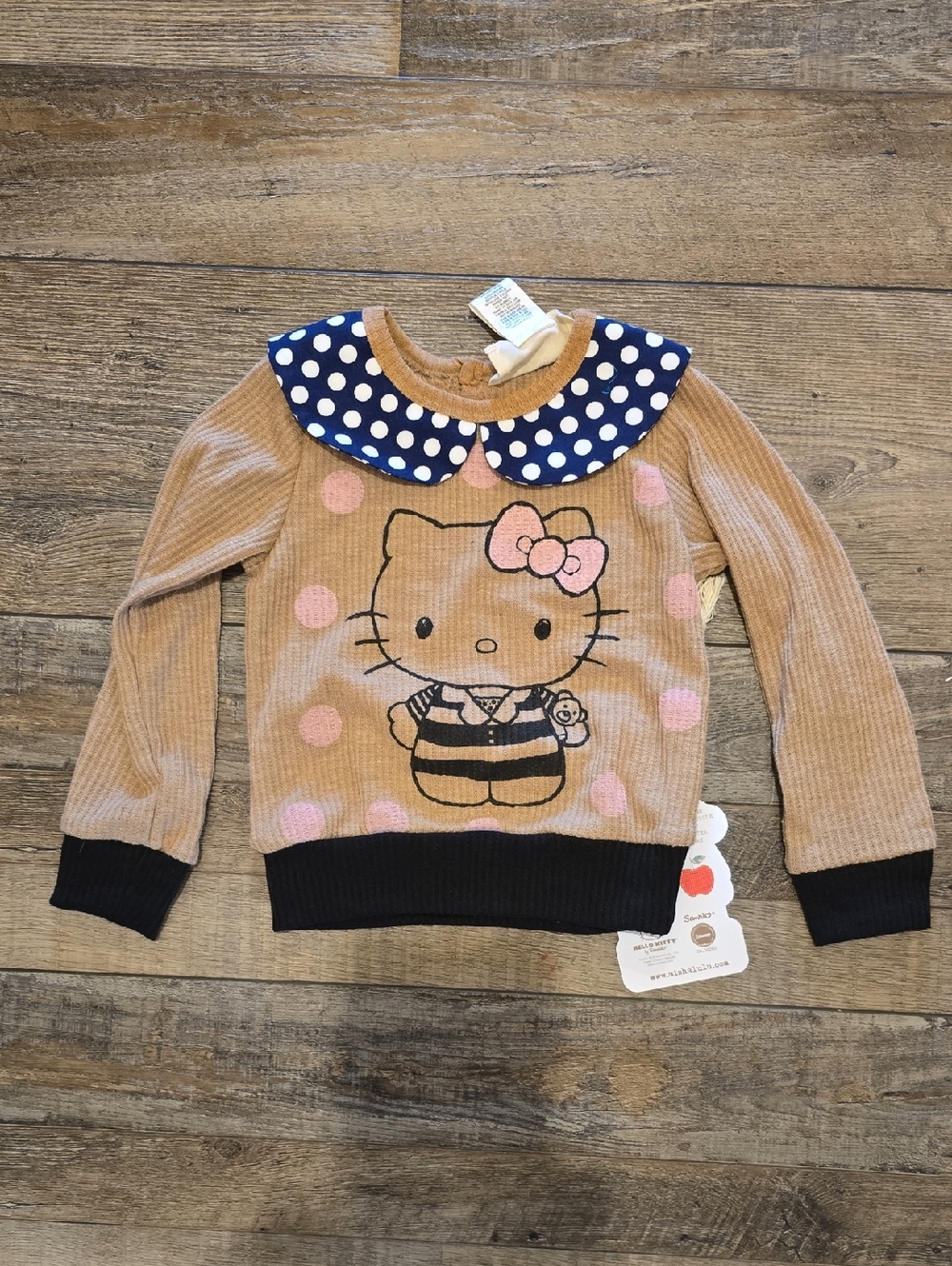 Hello Kitty Tan Corduroy Sweater with Navy Polka Dot Collar and Pink Accents